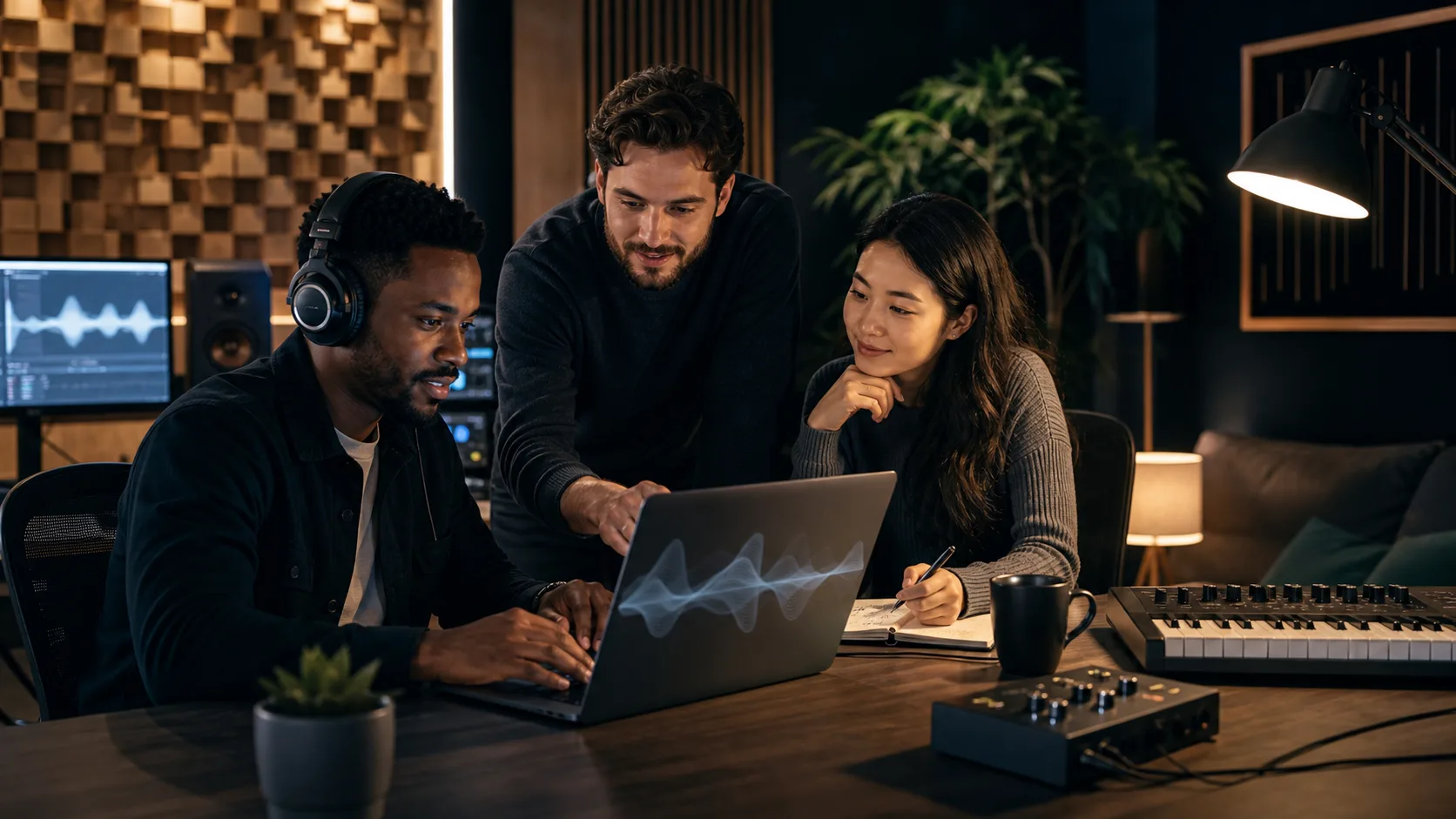 Creative music team reviewing a personalized song in a studio