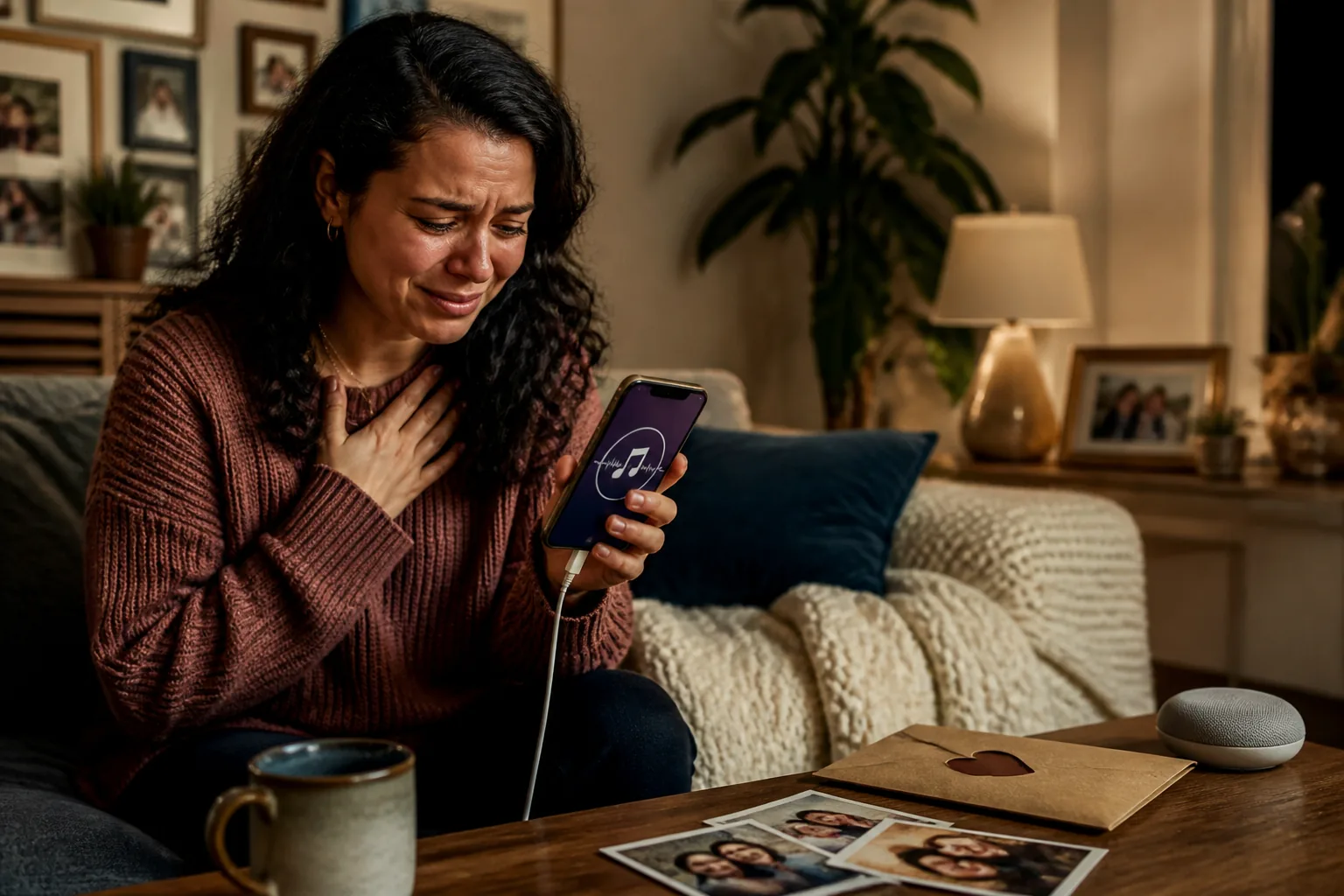 A woman becoming emotional while listening to a personalized song gift